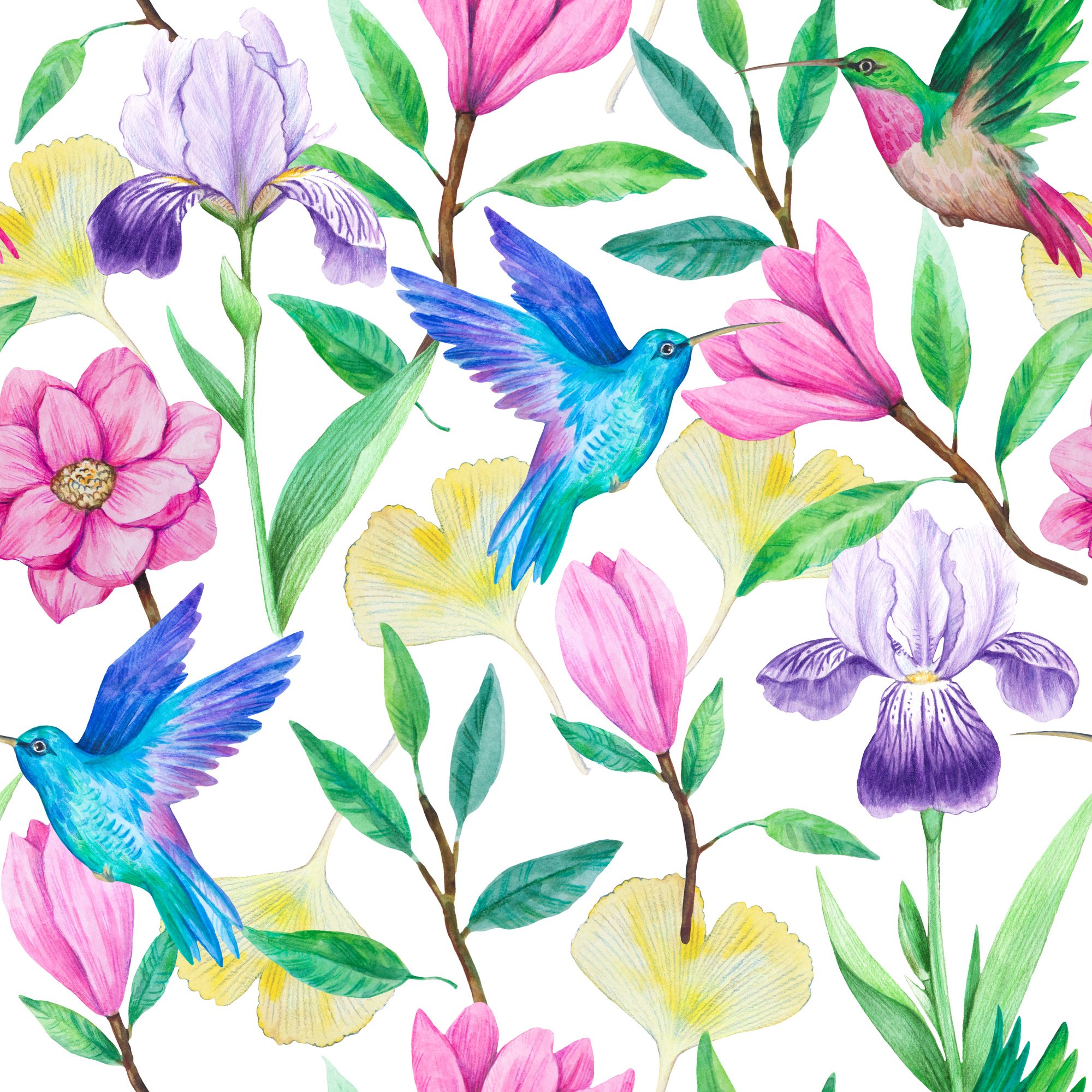 Hummingbirds, magnolia and iris flowers. Watercolor illustration. Seamless pattern for decor and design